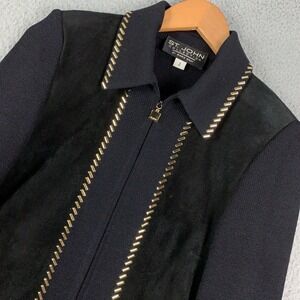 St John Collection Suede Santana Knit Jacket Womens 2 Black Gold Studded Zip Up
